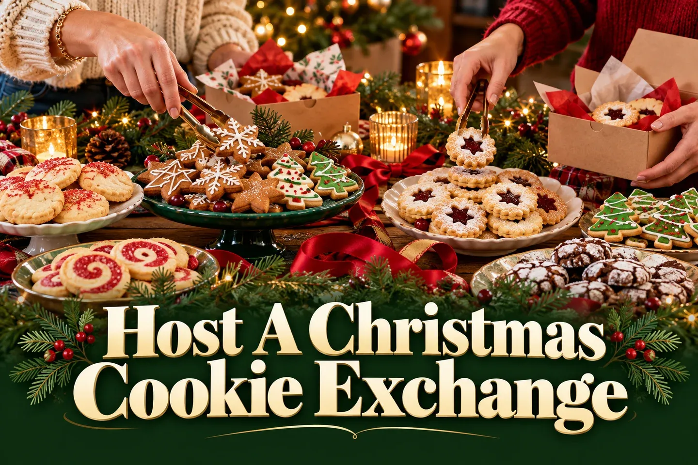Host A Christmas Cookie Exchange in cream lettering below festive cookie platters and hands packing holiday boxes with tongs
