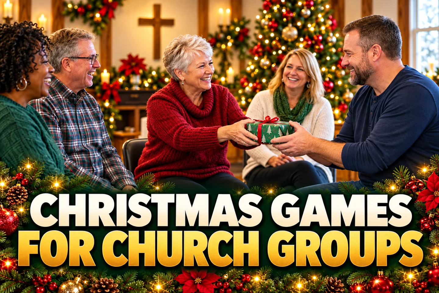 Christmas Games for Church Groups in bold cream and gold lettering beneath a seated fellowship gift exchange with a wall cross and Christmas tree