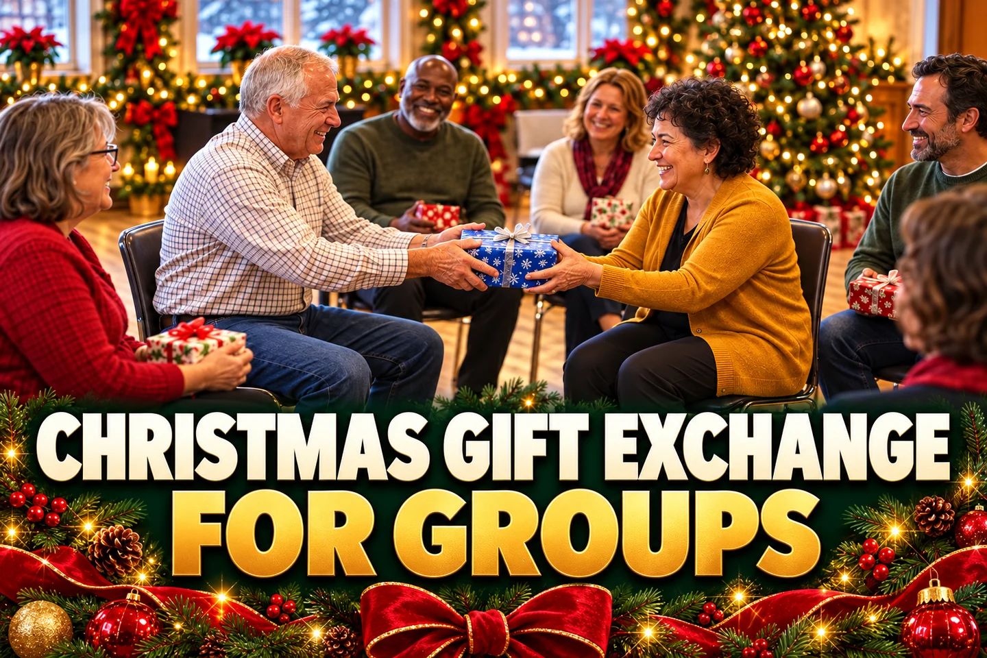 Christmas Gift Exchange for Groups in bold cream and gold lettering beneath adults exchanging a wrapped gift in a decorated community hall