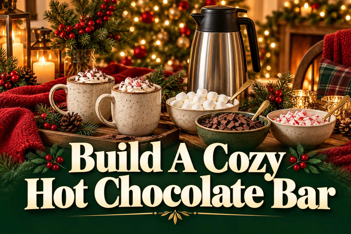 Build A Cozy Hot Chocolate Bar in cream lettering beneath cocoa mugs, separate topping bowls, and a thermal carafe with Christmas greenery