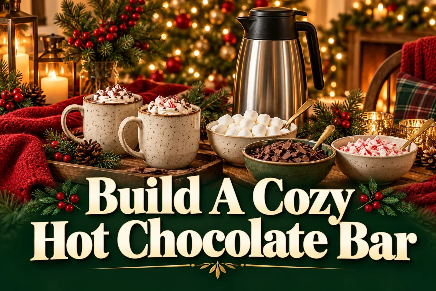 Build A Cozy Hot Chocolate Bar in cream lettering beneath cocoa mugs, separate topping bowls, and a thermal carafe with Christmas greenery