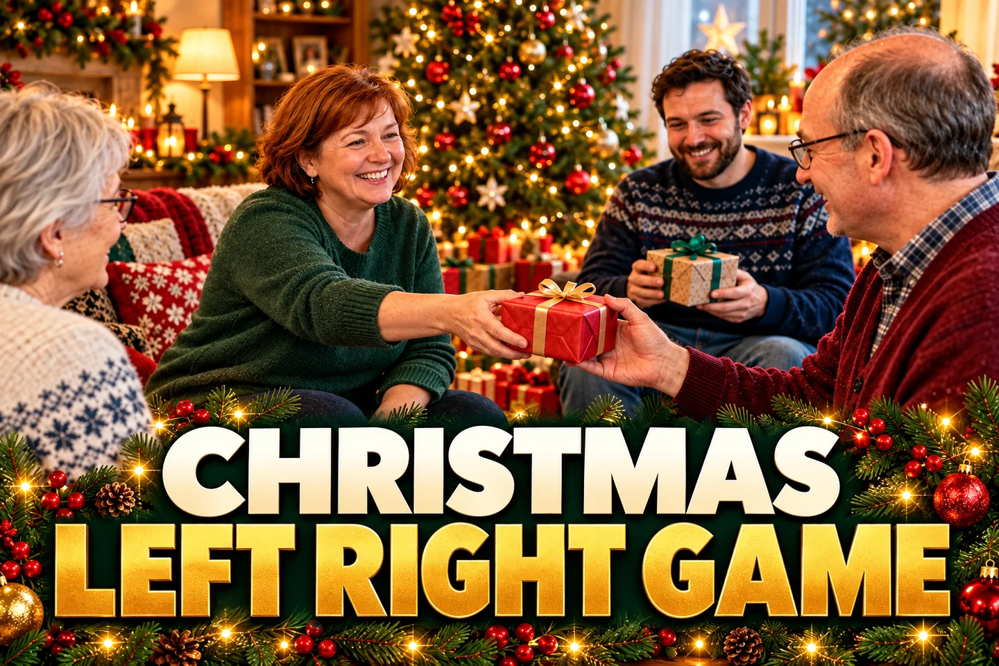 Christmas Left Right Game in bold cream and gold lettering beneath a family passing wrapped presents in a festive seated circle