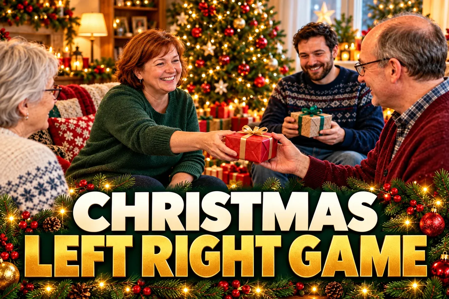 Christmas Left Right Game in bold cream and gold lettering beneath a family passing wrapped presents in a festive seated circle