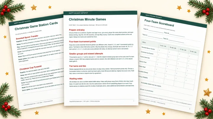 Fanned preview of Christmas minute-game PDF host instructions, station cards, and scoreboard