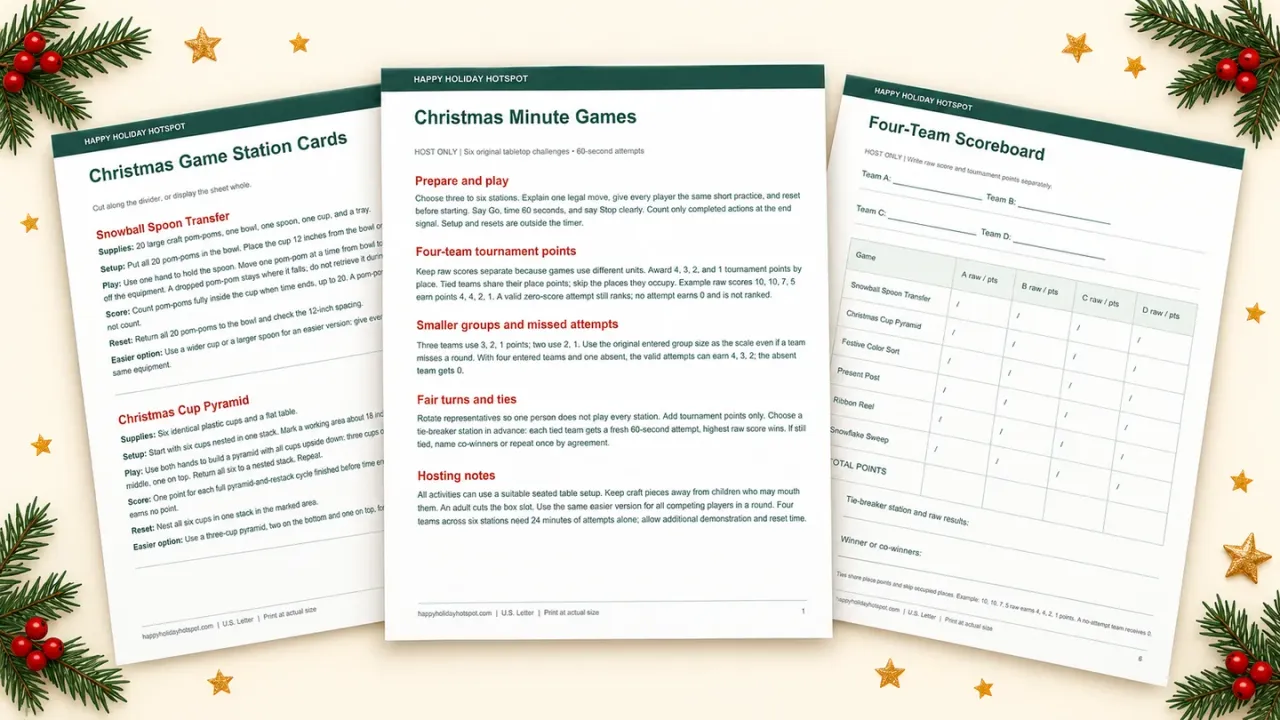 Fanned preview of Christmas minute-game PDF host instructions, station cards, and scoreboard
