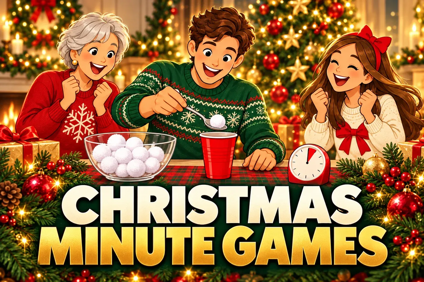 Christmas Minute Games in bold cream and gold lettering beneath an illustrated spoon-and-pom-pom challenge with a timer