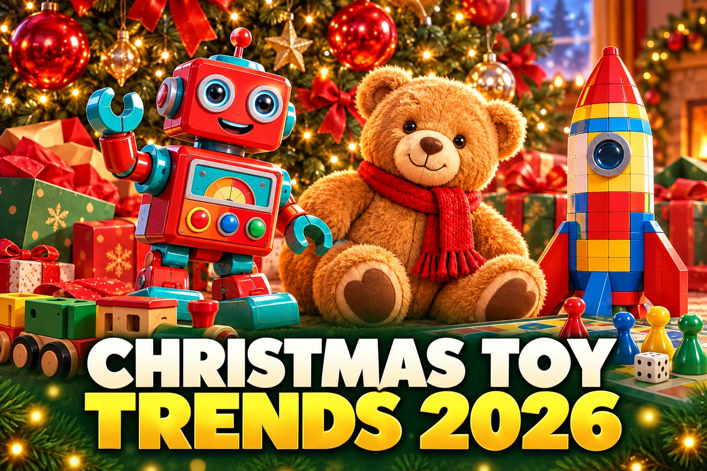 Christmas Toy Trends 2026 in bold white and gold lettering below a red toy robot, teddy bear, colorful rocket, train, and festive Christmas presents