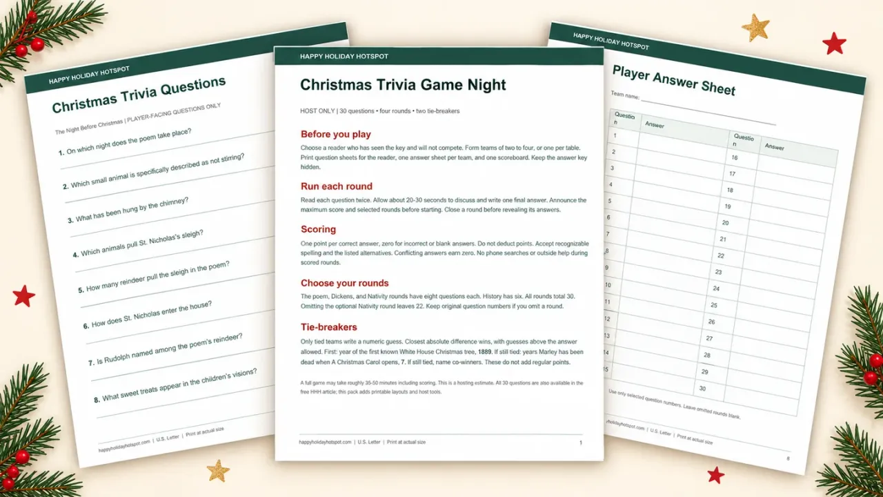 Fanned preview of Christmas trivia PDF host instructions, quiz questions, and player answer sheet