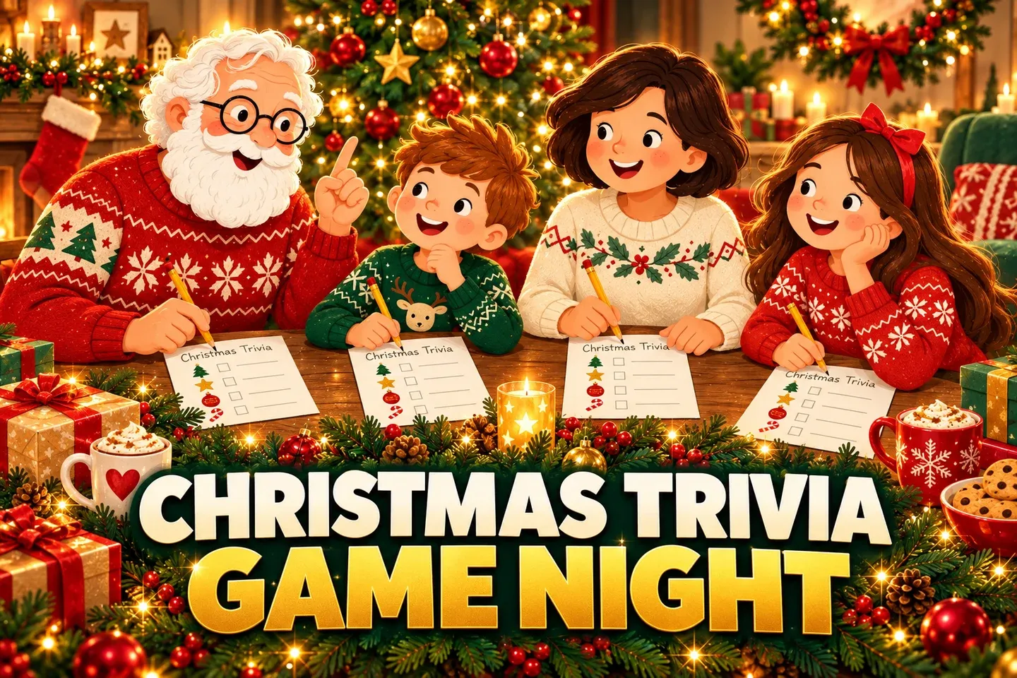 Christmas Trivia Game Night in bold cream and gold lettering beneath an illustrated family answering a holiday quiz