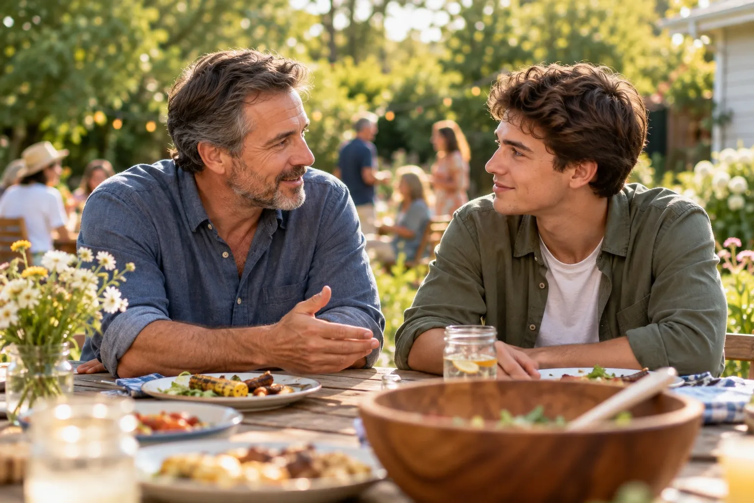 A father and his young adult son enjoying a relaxed conversation at a backyard picnic table