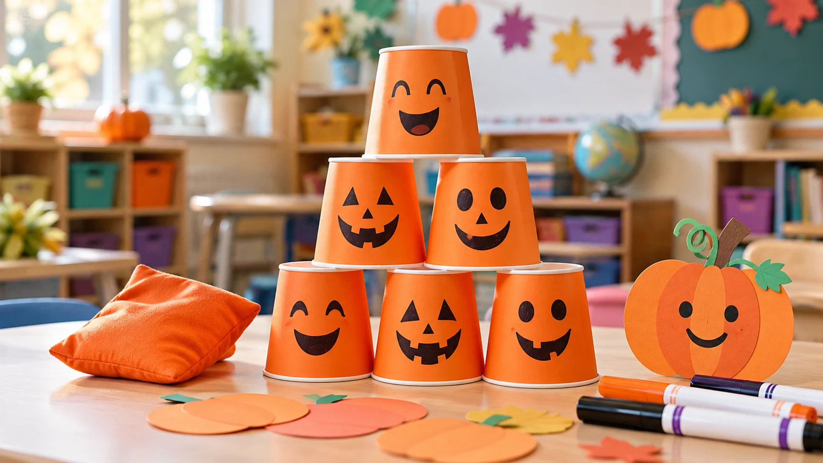 Orange pumpkin-face cups, a soft beanbag, and paper crafts on a classroom game table