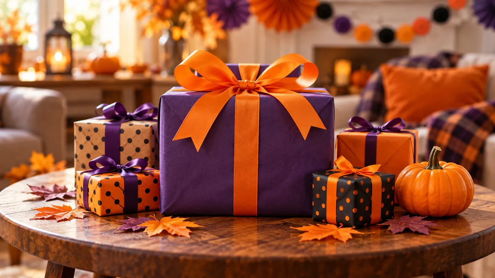 Purple and orange wrapped gifts beside a pumpkin on a round Halloween party table
