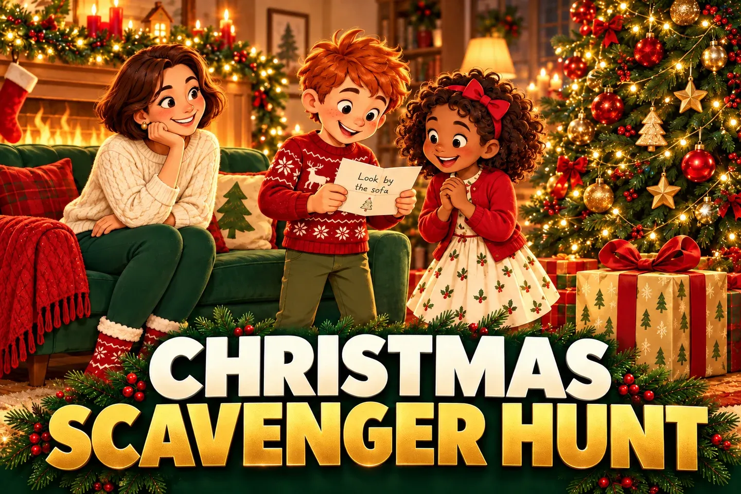 Christmas Scavenger Hunt in bold cream and gold lettering beneath illustrated children reading a clue beside a sofa and Christmas presents