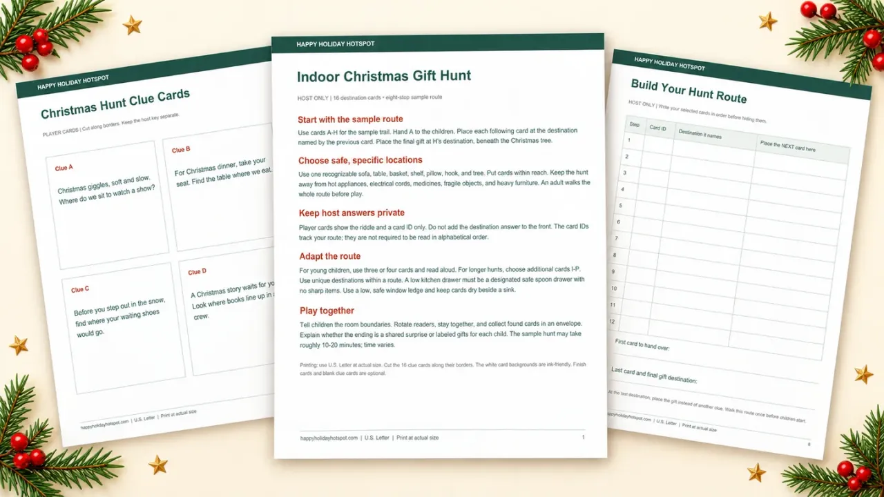 Fanned preview of Christmas gift-hunt PDF instructions, clue cards, and route planner