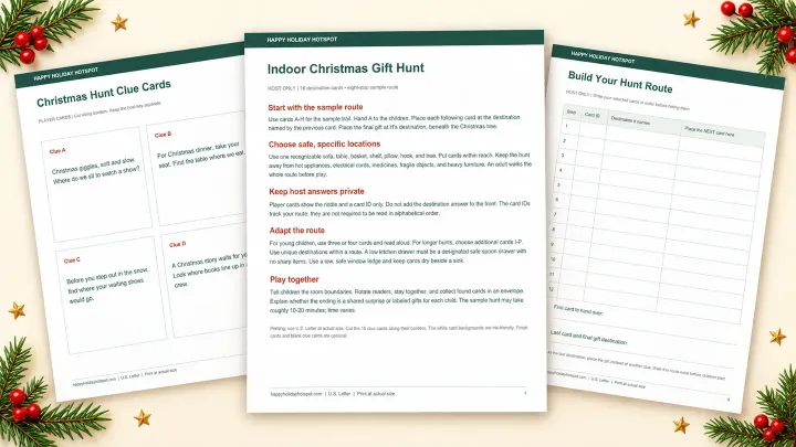 Fanned preview of Christmas gift-hunt PDF instructions, clue cards, and route planner