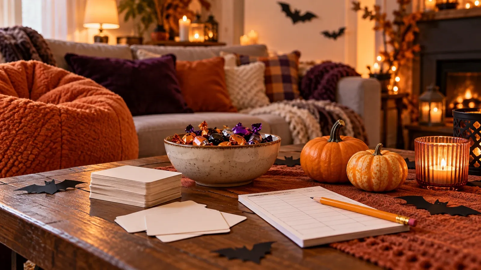 Blank game cards, pencils, wrapped treats, and pumpkins on a Halloween game-night table in a living room