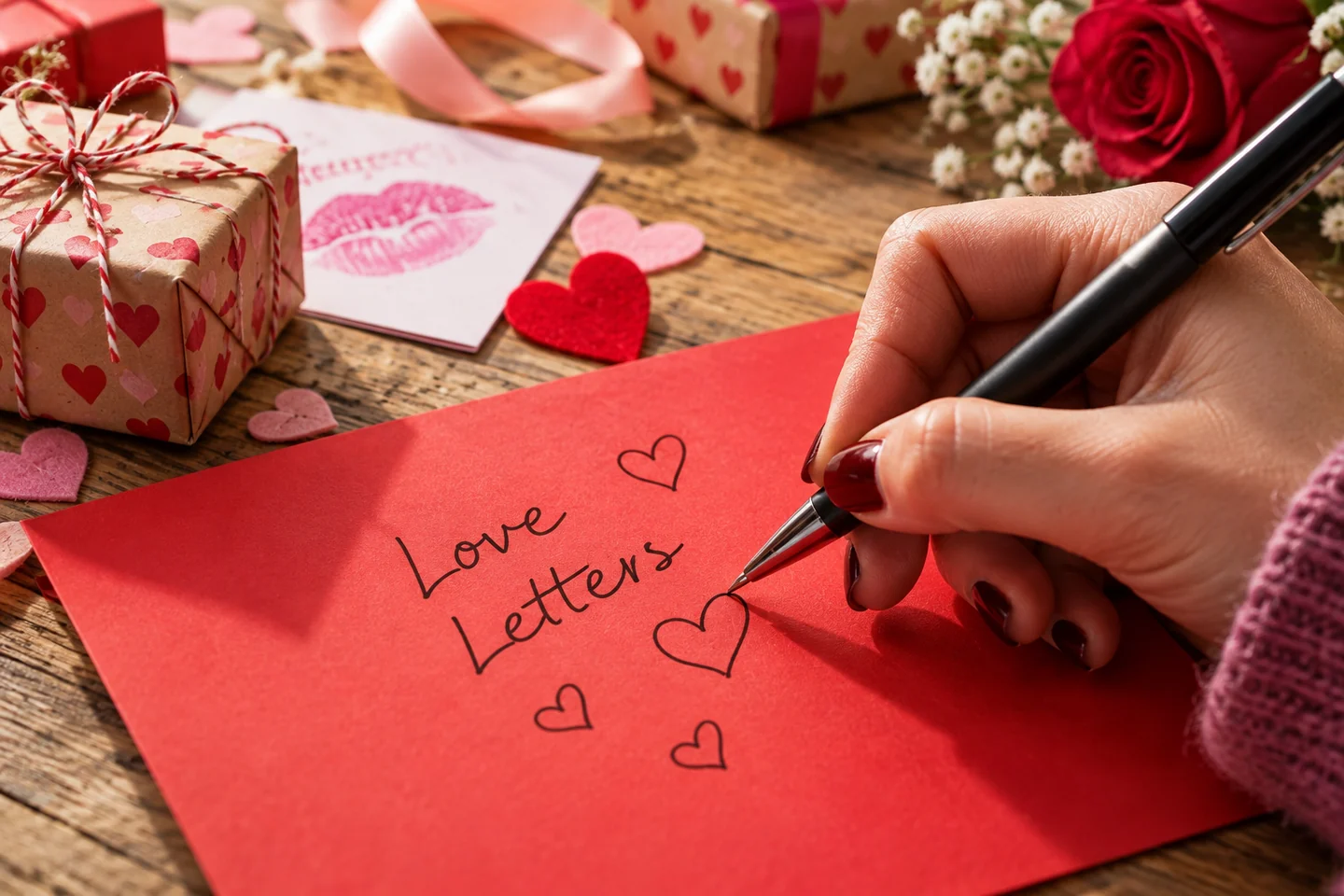 A hand writing Love Letters and drawing hearts on red paper with a black pen