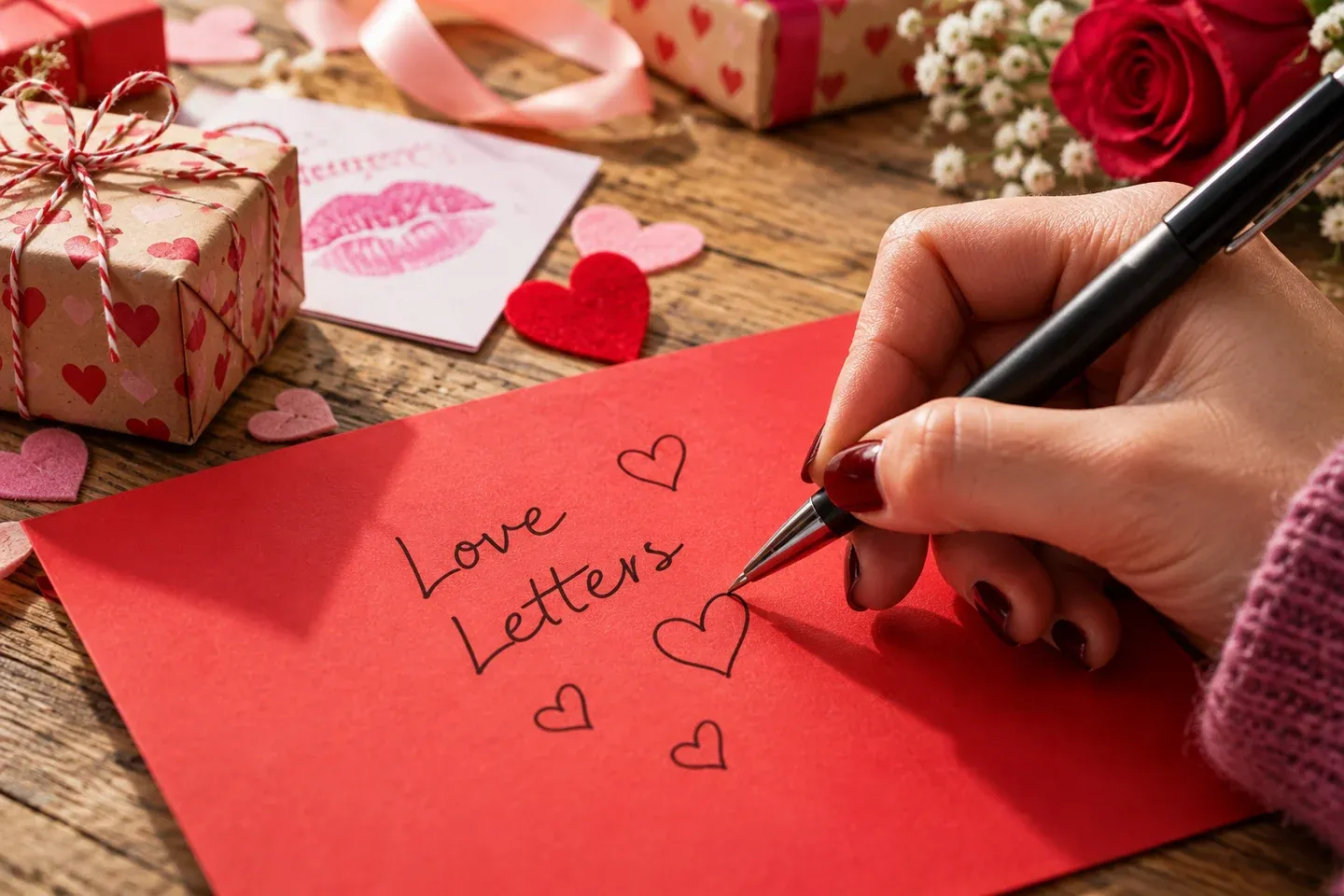 A hand writing Love Letters and drawing hearts on red paper with a black pen