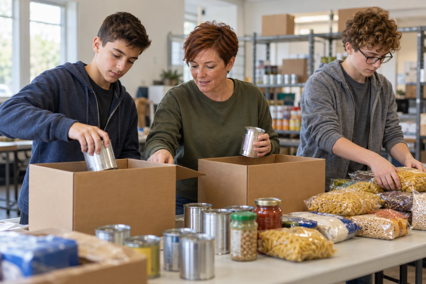 An adult and two teenagers sorting sealed food donations into boxes at a community center