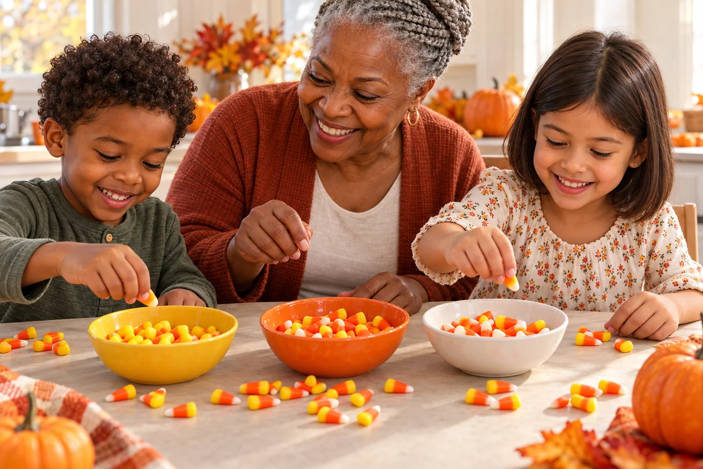 Children and their grandmother playing a candy-corn sorting game