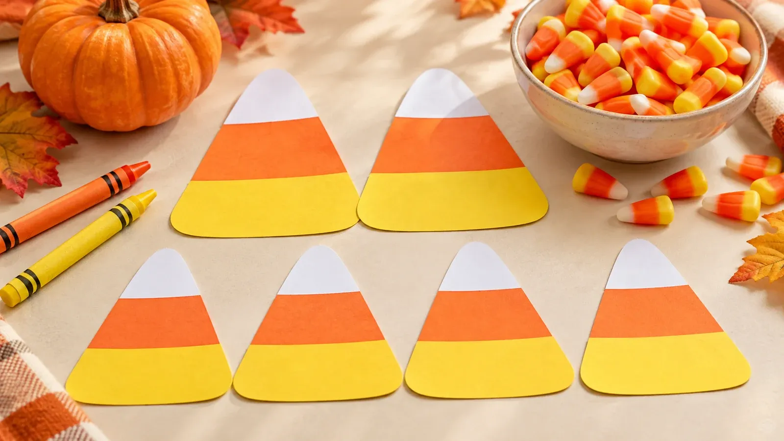Large white, orange, and yellow paper candy-corn game pieces beside crayons, a bowl of candy corn, and a small pumpkin