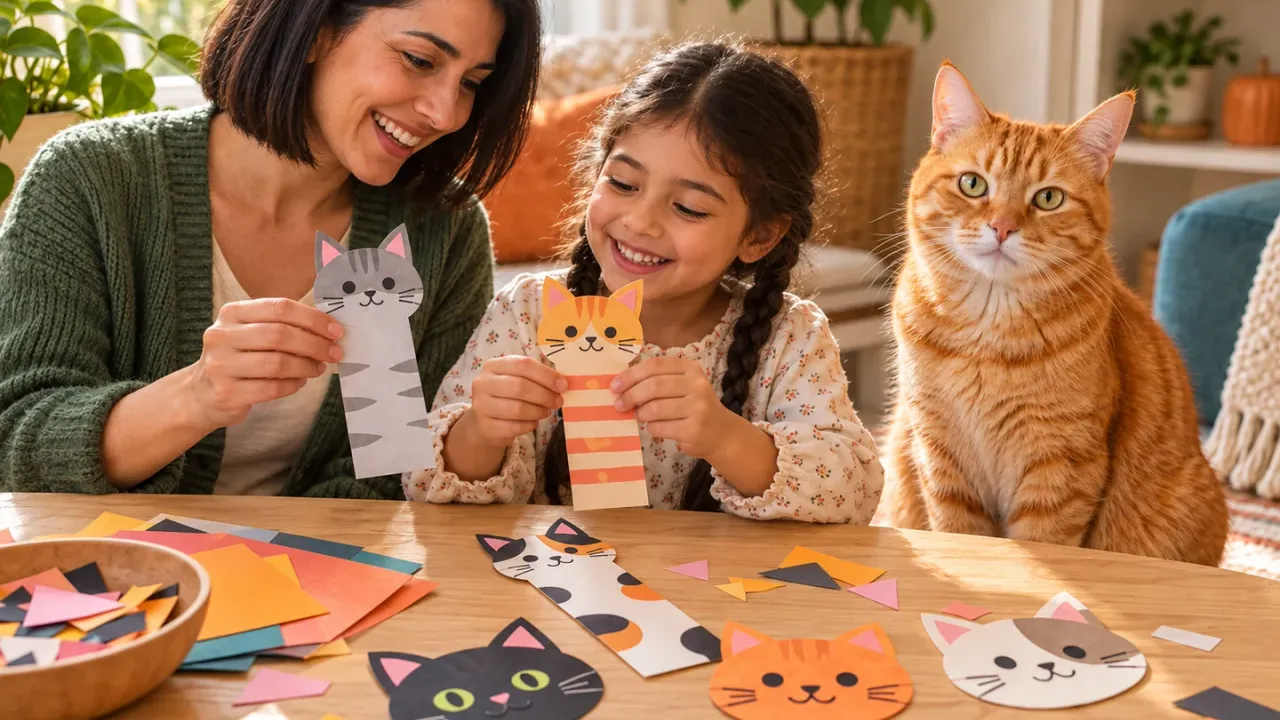 A mother and daughter making paper cat crafts beside an orange tabby