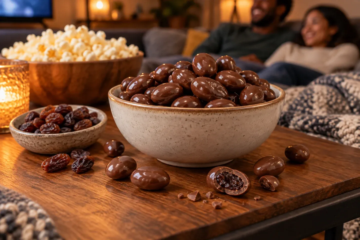 Chocolate-covered raisins beside plain raisins and a bowl of popcorn