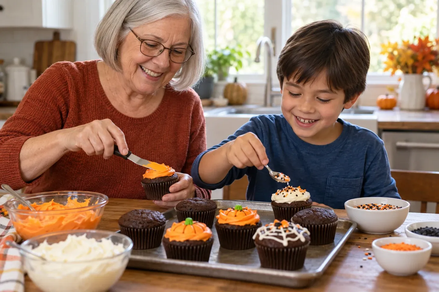 A grandmother and grandson decorating chocolate cupcakes with orange frosting and sprinkles