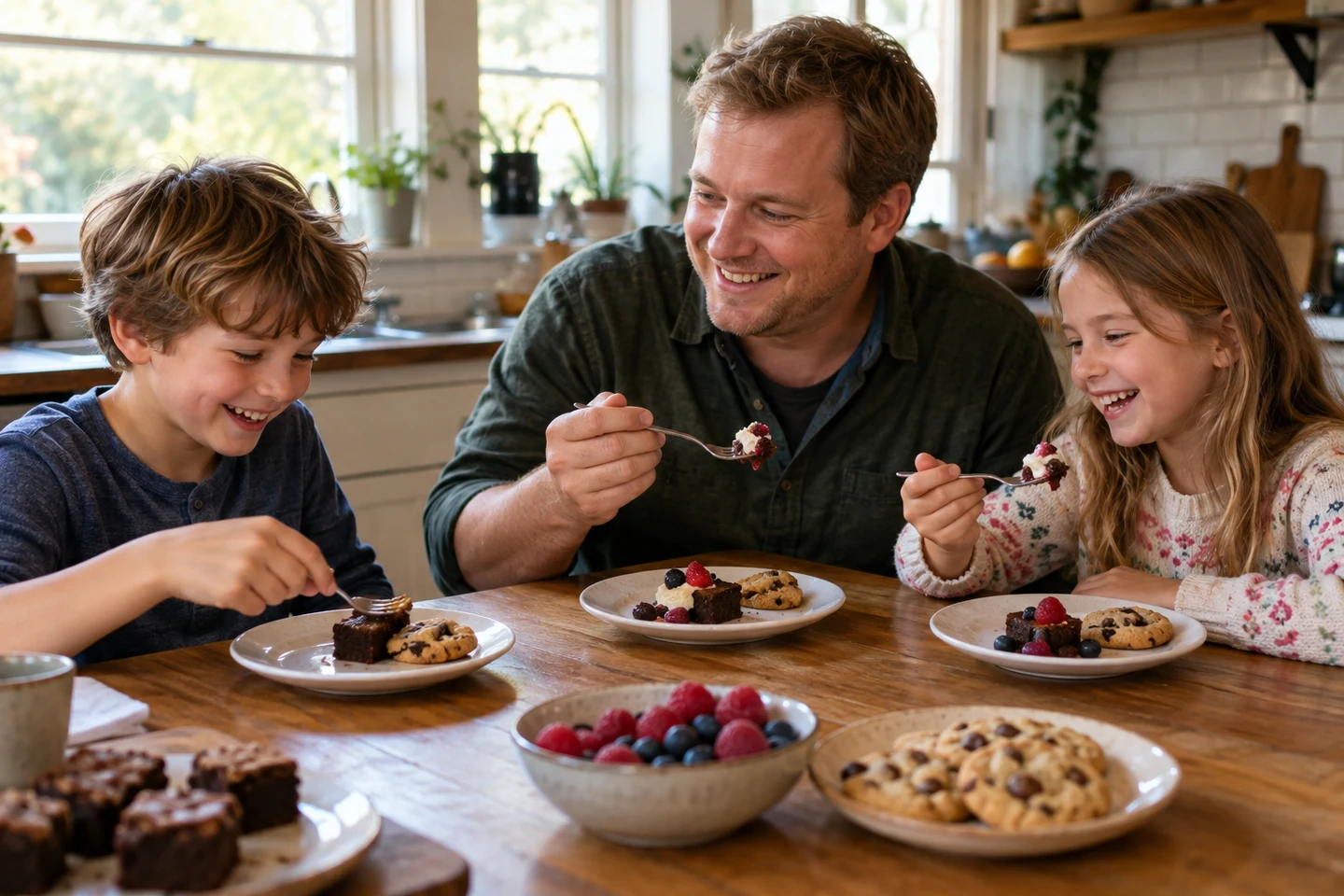 A father and two children enjoying small dessert samples together at a kitchen table
