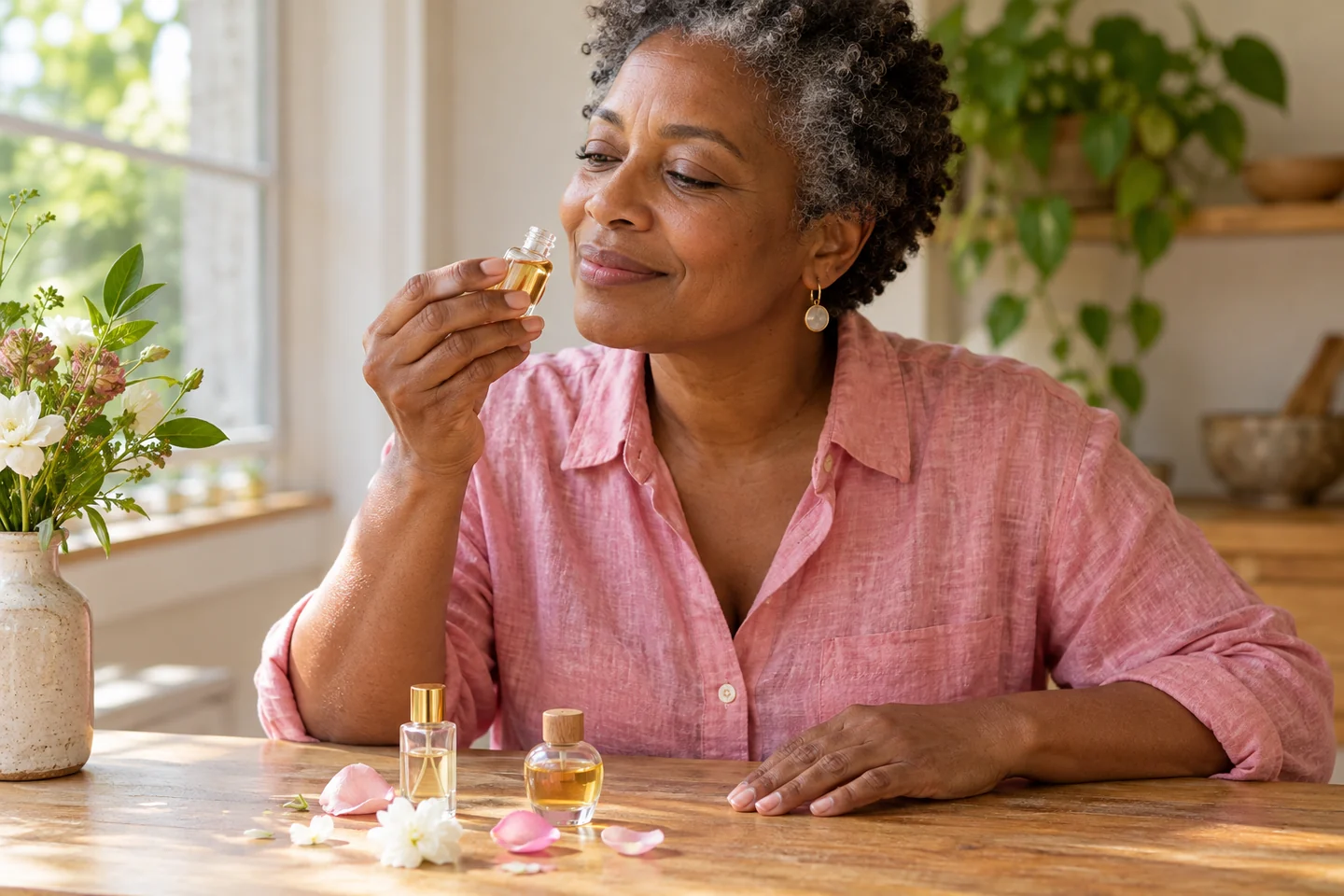 A woman with short salt-and-pepper curls sampling perfume at a simple wooden table