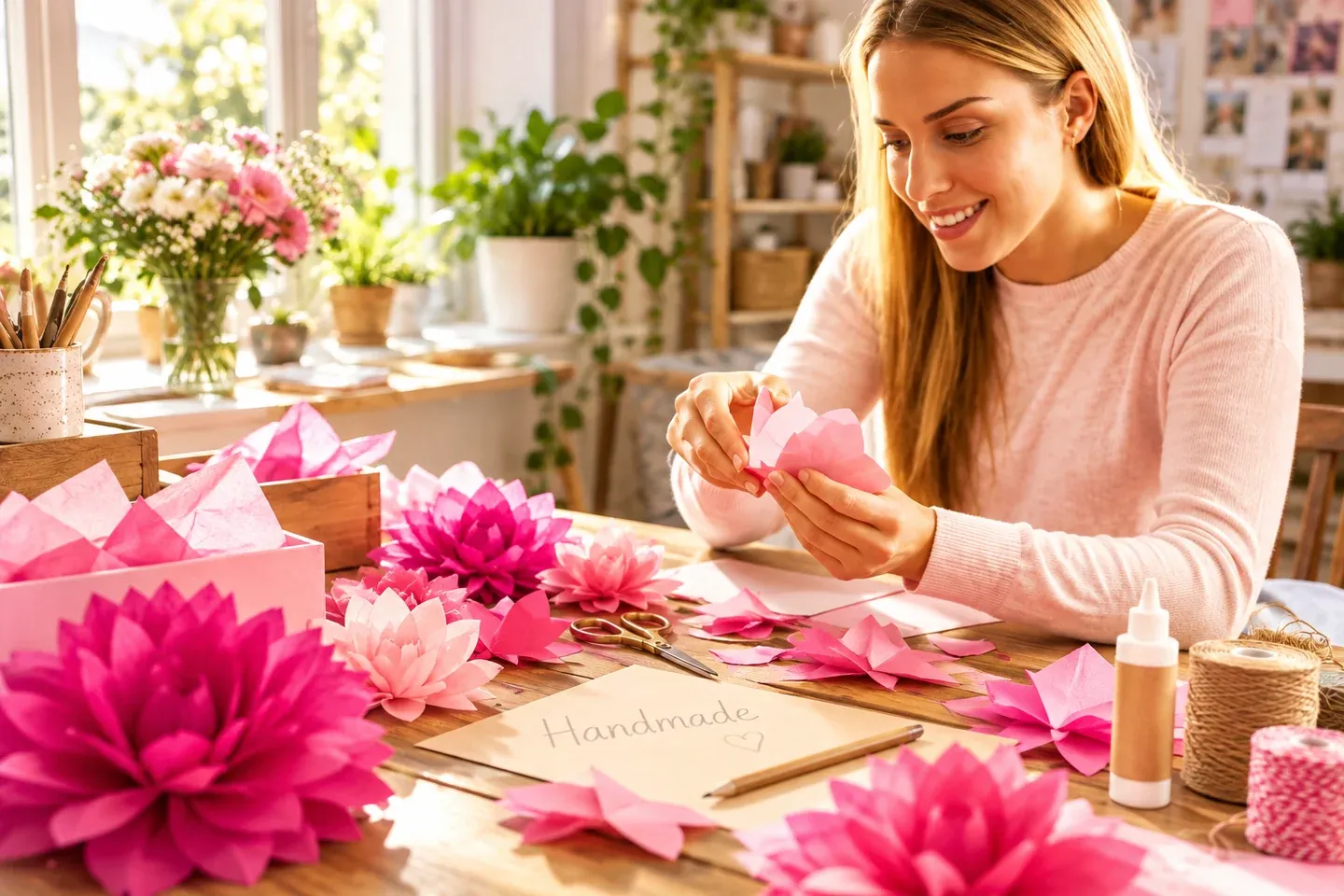 A woman making a pink paper flower at a colorful craft table