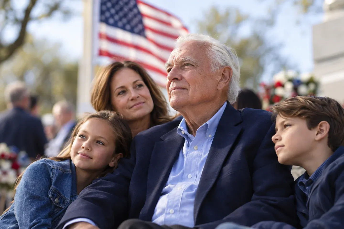 A veteran and family at an outdoor remembrance gathering with an American flag