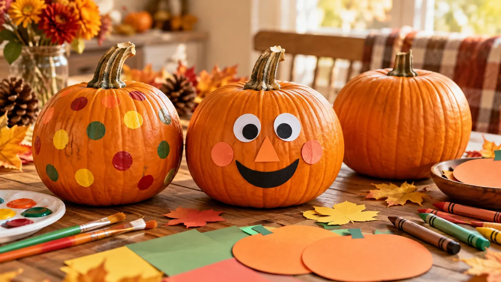 Small pumpkins decorated with painted dots and paper faces beside crayons and autumn craft supplies