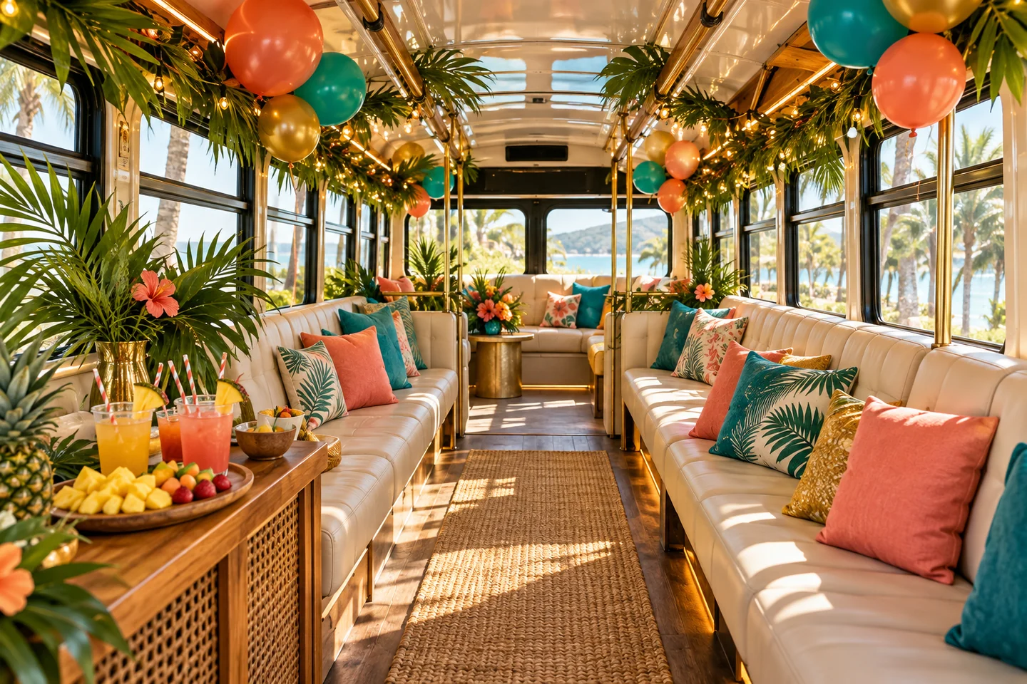 A tropical-themed party bus interior with colorful balloons, palm leaves, warm string lights, and comfortable seating