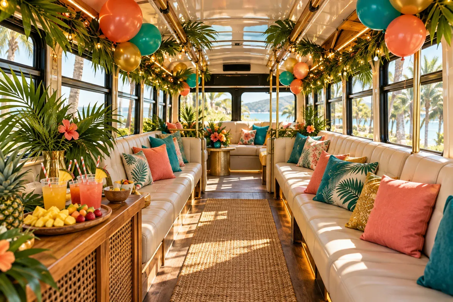 A tropical-themed party bus interior with colorful balloons, palm leaves, warm string lights, and comfortable seating