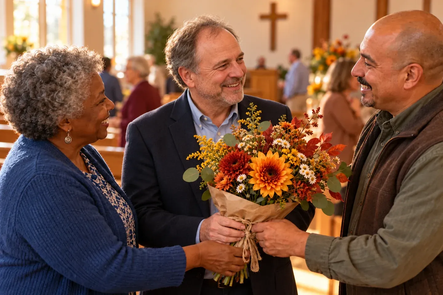 Church members presenting autumn flowers to a male pastor in appreciation