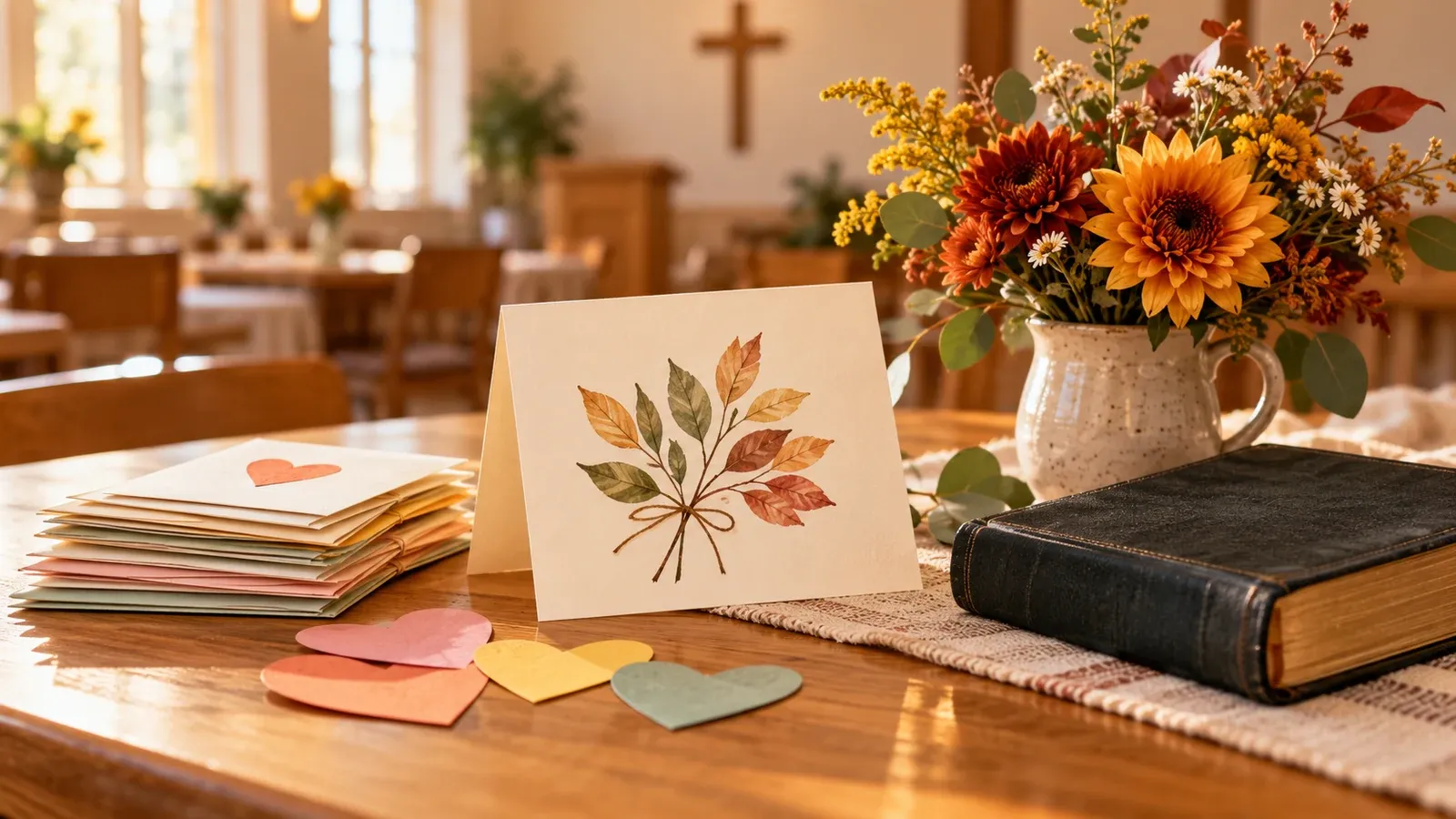 Thank-you cards, paper hearts, autumn flowers, and a closed Bible on a church table
