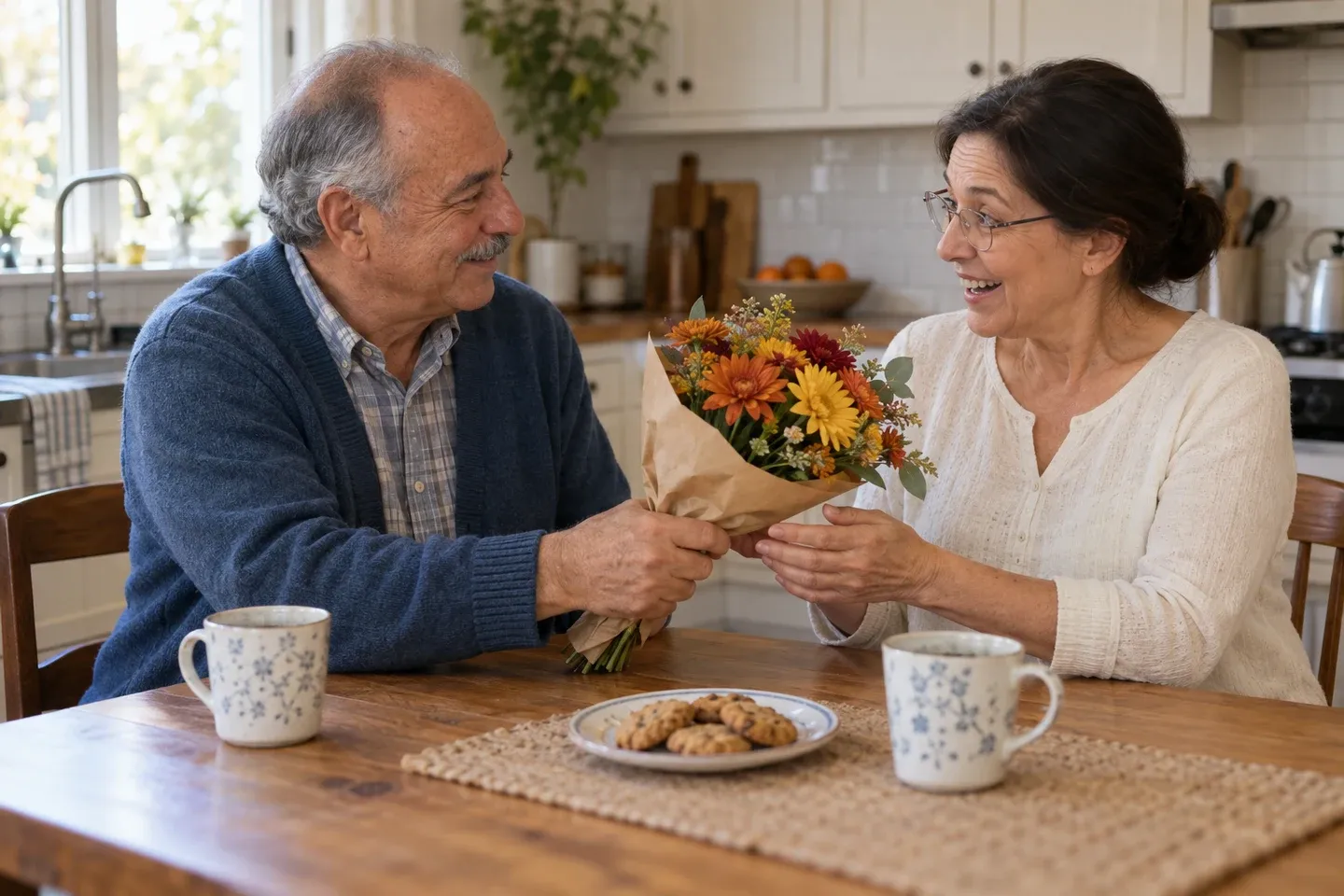 An older couple sharing a small bouquet of autumn flowers at their kitchen table