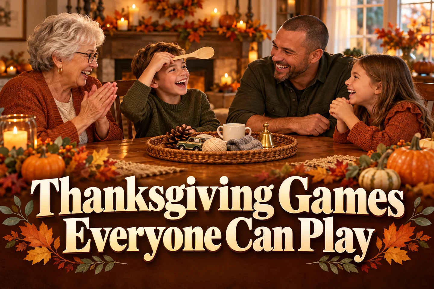 Thanksgiving Games Everyone Can Play in bold cream lettering beneath a family laughing around an autumn game table