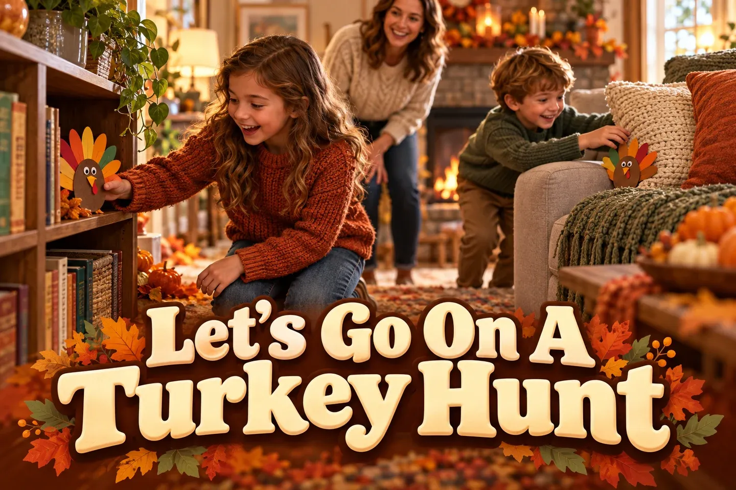 Let’s Go On A Turkey Hunt in bold cream lettering beneath children finding paper turkeys in a cozy autumn living room