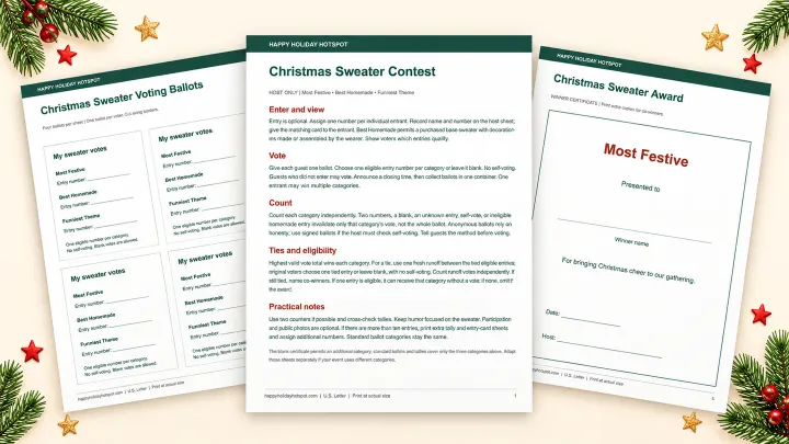 Fanned preview of Christmas sweater-contest PDF instructions, voting ballots, and award certificate