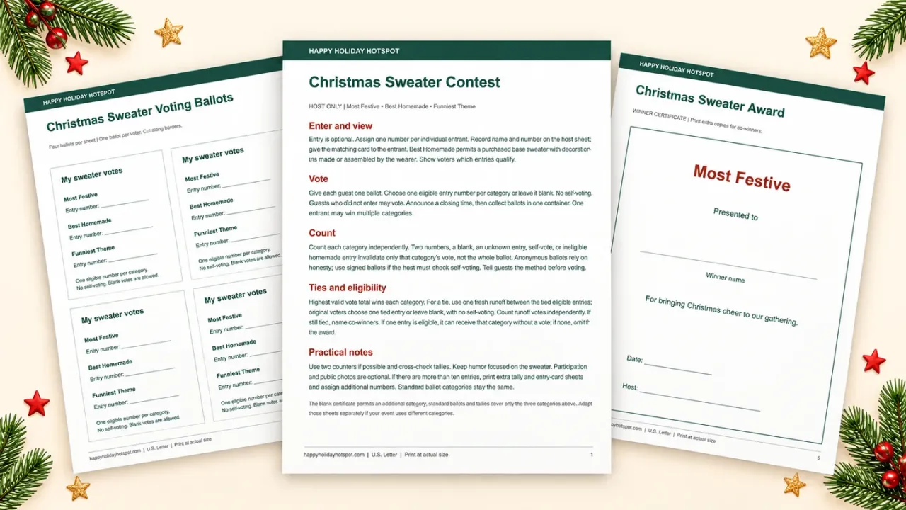 Fanned preview of Christmas sweater-contest PDF instructions, voting ballots, and award certificate